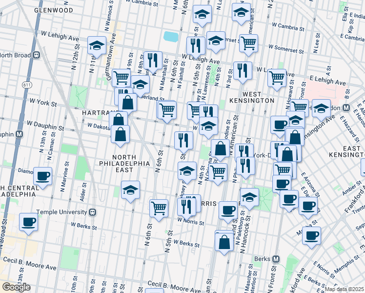 map of restaurants, bars, coffee shops, grocery stores, and more near 503 West Dauphin Street in Philadelphia