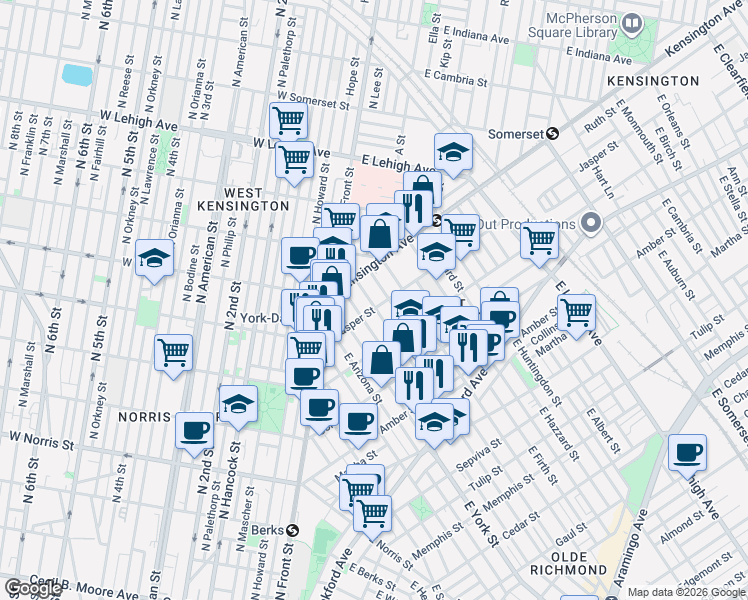 map of restaurants, bars, coffee shops, grocery stores, and more near 1821 East Hagert Street in Philadelphia