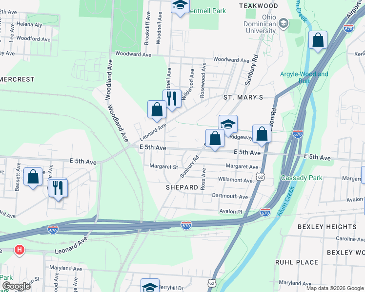 map of restaurants, bars, coffee shops, grocery stores, and more near in Columbus