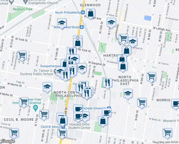 map of restaurants, bars, coffee shops, grocery stores, and more near 2211 North Camac Street in Philadelphia