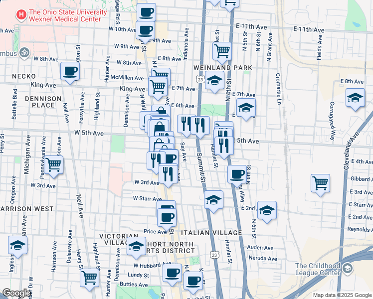 map of restaurants, bars, coffee shops, grocery stores, and more near 93 East 4th Avenue in Columbus