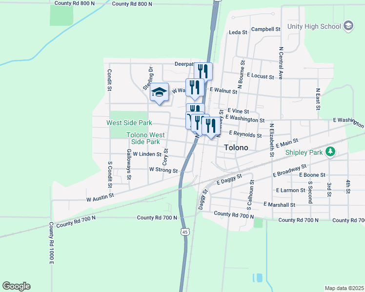 map of restaurants, bars, coffee shops, grocery stores, and more near 101 North Long Street in Tolono