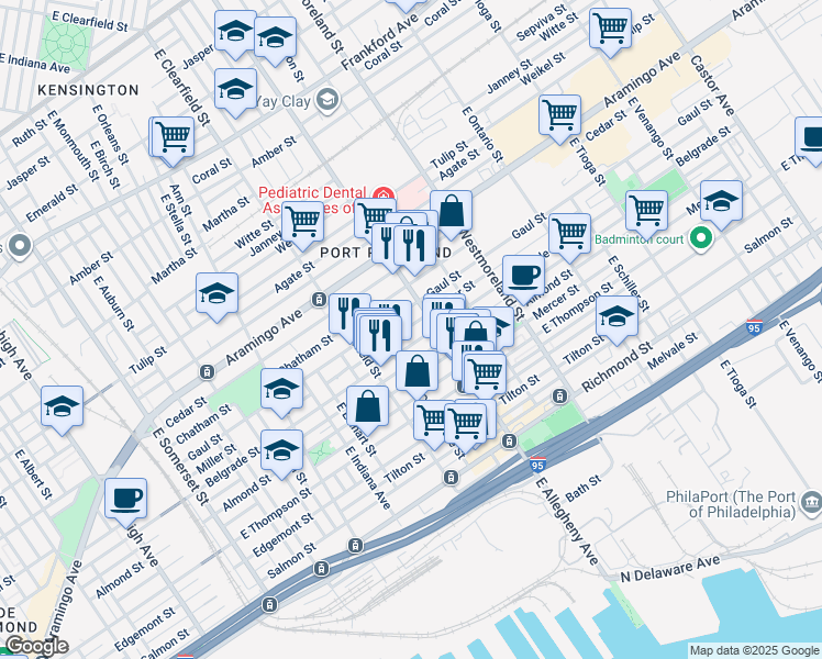 map of restaurants, bars, coffee shops, grocery stores, and more near 3171 Miller Street in Philadelphia