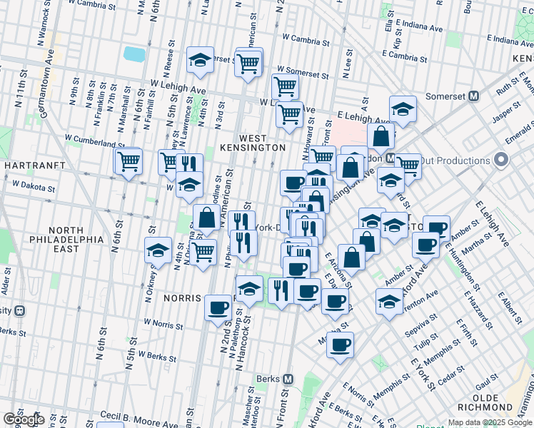 map of restaurants, bars, coffee shops, grocery stores, and more near 2343 North Hancock Street in Philadelphia