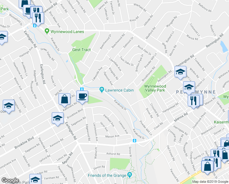map of restaurants, bars, coffee shops, grocery stores, and more near 1310 Delmont Avenue in Havertown