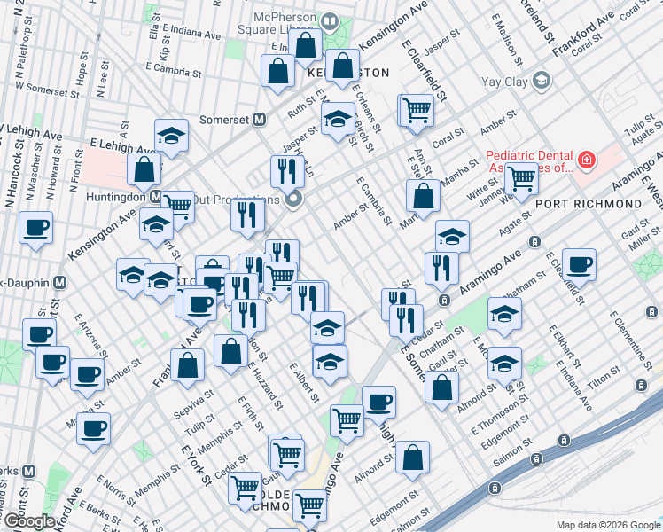 map of restaurants, bars, coffee shops, grocery stores, and more near 2200 East Somerset Street in Philadelphia