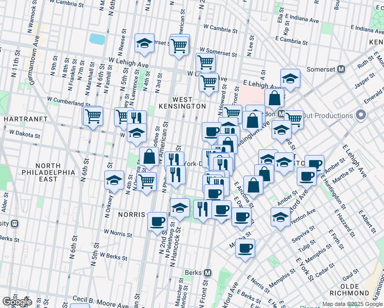 map of restaurants, bars, coffee shops, grocery stores, and more near 2343 North Hancock Street in Philadelphia