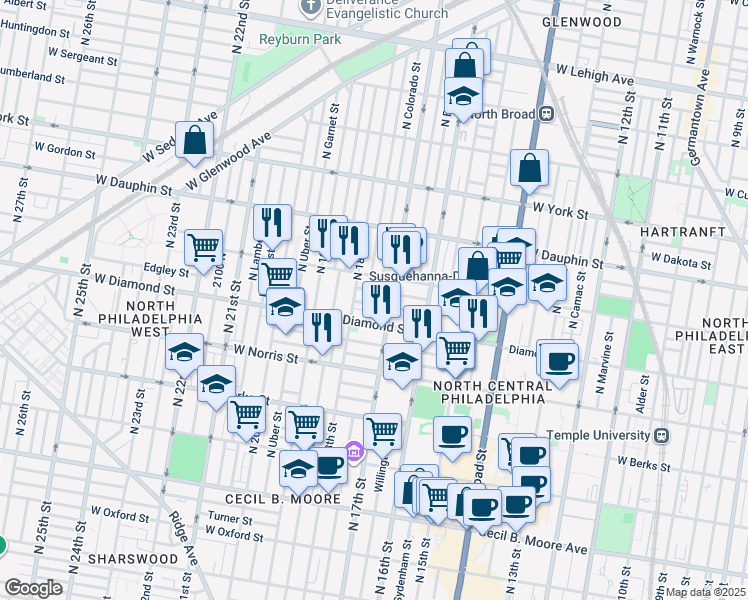 map of restaurants, bars, coffee shops, grocery stores, and more near 1723 Edgley Street in Philadelphia