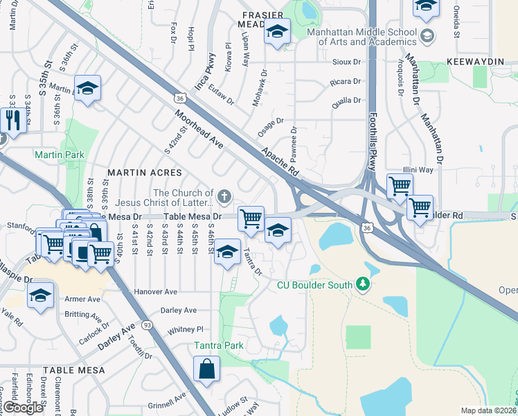 map of restaurants, bars, coffee shops, grocery stores, and more near 4998 Moorhead Avenue in Boulder