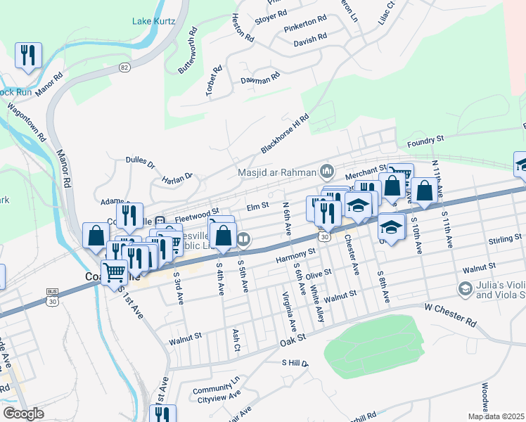 map of restaurants, bars, coffee shops, grocery stores, and more near 550 Elm Street in Coatesville
