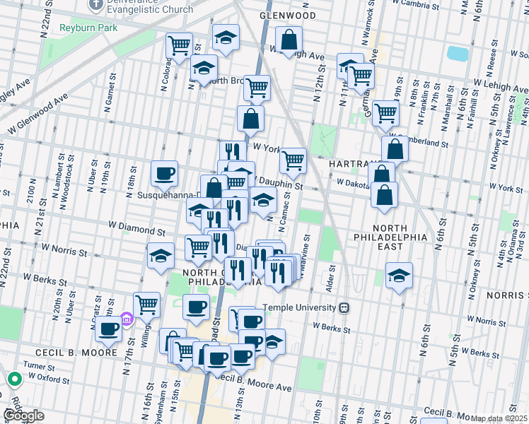 map of restaurants, bars, coffee shops, grocery stores, and more near 1311 West Susquehanna Avenue in Philadelphia