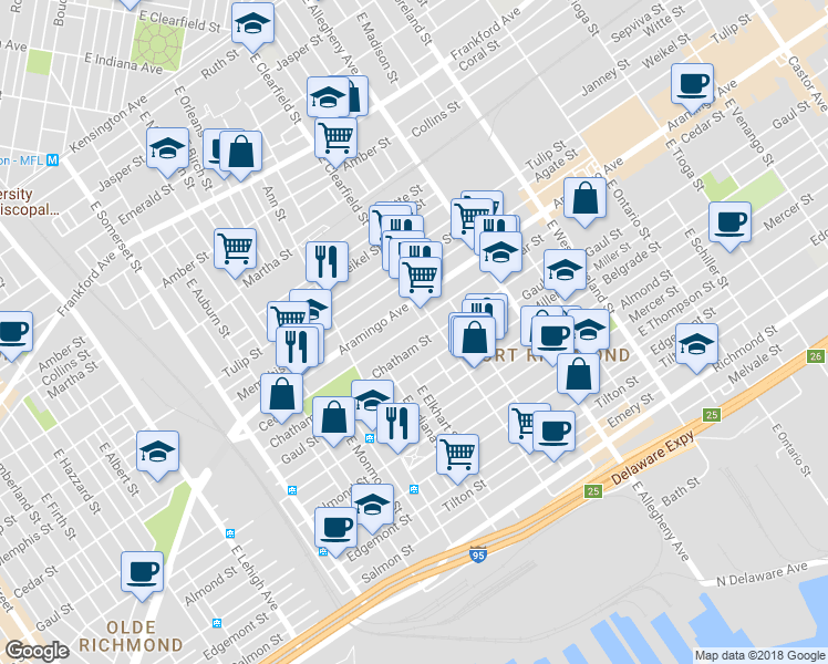 map of restaurants, bars, coffee shops, grocery stores, and more near 3067 Cedar Street in Philadelphia
