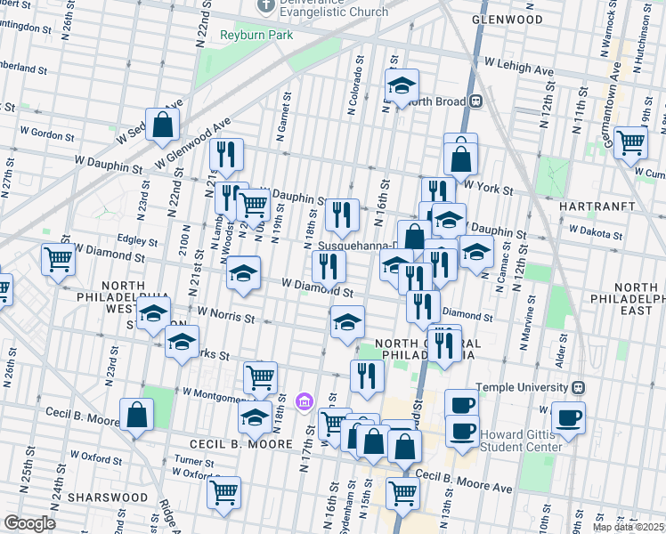 map of restaurants, bars, coffee shops, grocery stores, and more near 2122 North 17th Street in Philadelphia