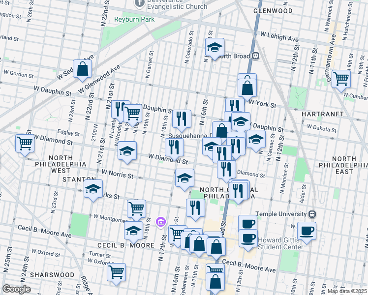 map of restaurants, bars, coffee shops, grocery stores, and more near 1642 French Street in Philadelphia