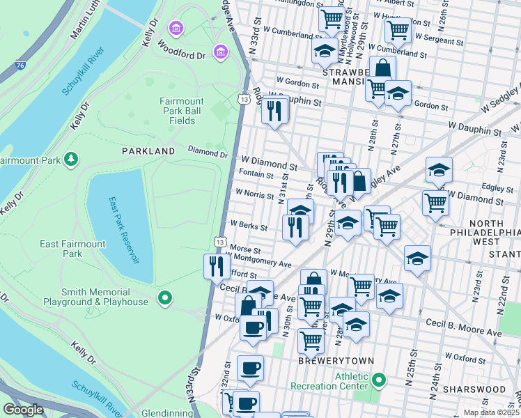 map of restaurants, bars, coffee shops, grocery stores, and more near 1940 North Patton Street in Philadelphia