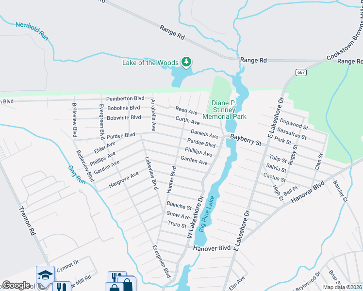 map of restaurants, bars, coffee shops, grocery stores, and more near 705 Hunter Boulevard in Browns Mills