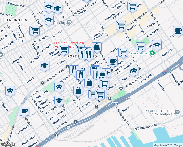 map of restaurants, bars, coffee shops, grocery stores, and more near 2532 East Allegheny Avenue in Philadelphia