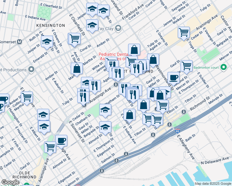 map of restaurants, bars, coffee shops, grocery stores, and more near 3067 Cedar Street in Philadelphia