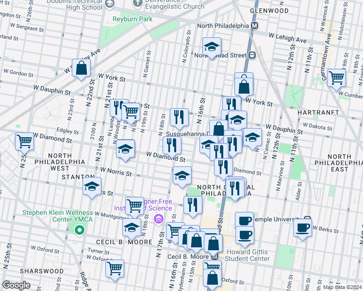 map of restaurants, bars, coffee shops, grocery stores, and more near 1642 French Street in Philadelphia