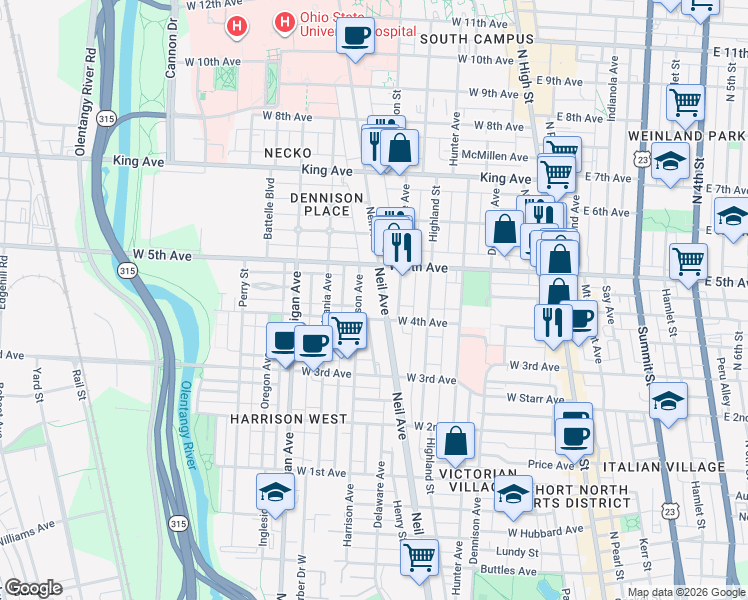map of restaurants, bars, coffee shops, grocery stores, and more near 1217 Neil Avenue in Columbus