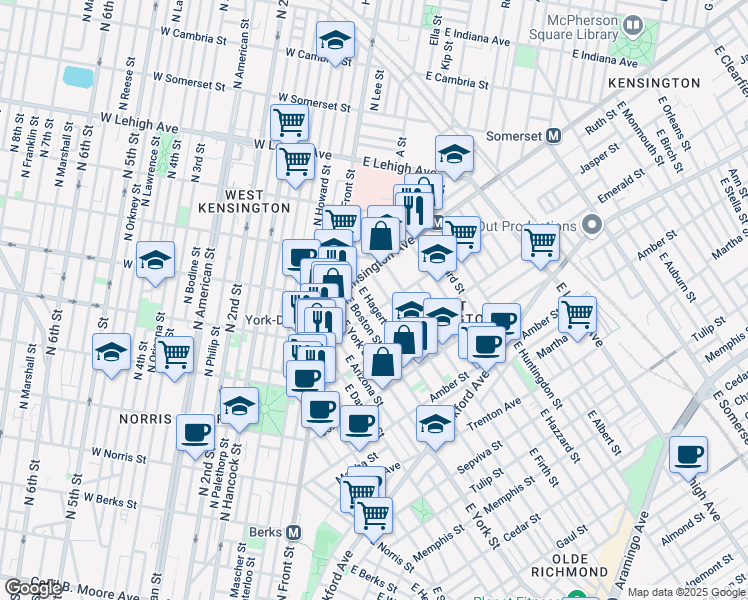 map of restaurants, bars, coffee shops, grocery stores, and more near 2421 Jasper Street in Philadelphia