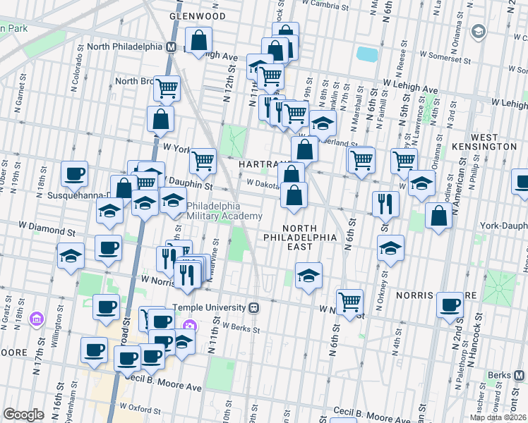 map of restaurants, bars, coffee shops, grocery stores, and more near 2209 North Delhi Street in Philadelphia