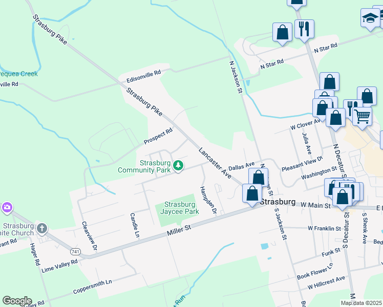 map of restaurants, bars, coffee shops, grocery stores, and more near 8 David Bair Circle in Strasburg