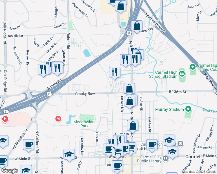 map of restaurants, bars, coffee shops, grocery stores, and more near 1057 3rd Avenue Northwest in Carmel