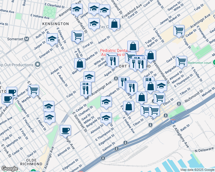 map of restaurants, bars, coffee shops, grocery stores, and more near 3025 Aramingo Avenue in Philadelphia
