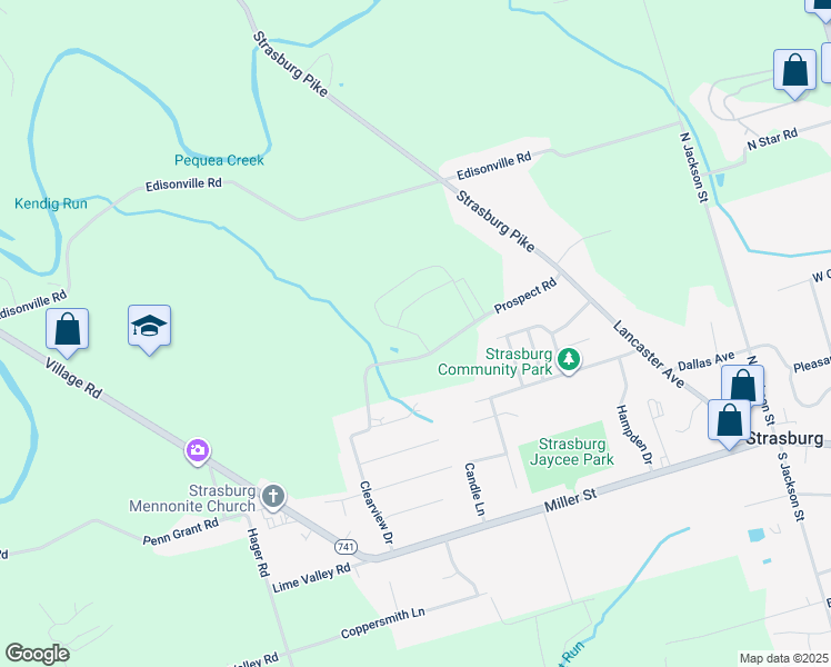 map of restaurants, bars, coffee shops, grocery stores, and more near Old Orchard Road in Strasburg