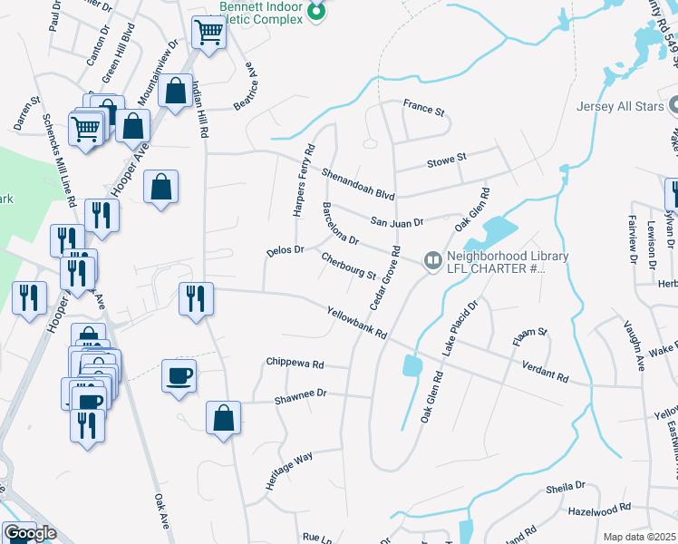 map of restaurants, bars, coffee shops, grocery stores, and more near 328 Barcelona Drive in Toms River