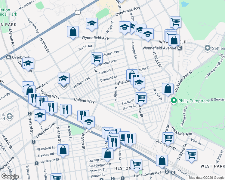 map of restaurants, bars, coffee shops, grocery stores, and more near 5623 Lebanon Avenue in Philadelphia