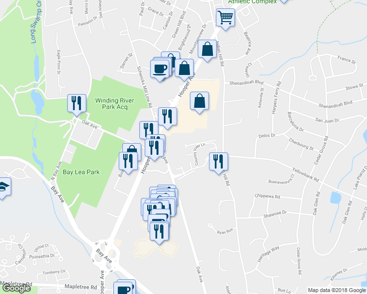 map of restaurants, bars, coffee shops, grocery stores, and more near 1204 King George Lane in Toms River
