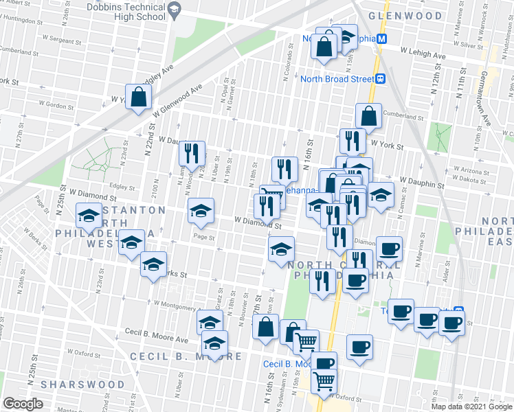 map of restaurants, bars, coffee shops, grocery stores, and more near 1735 Edgley Street in Philadelphia