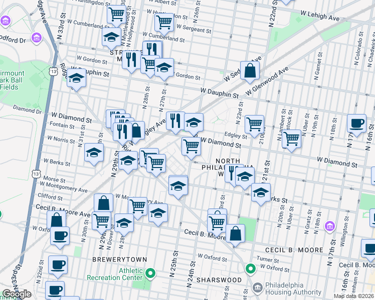 map of restaurants, bars, coffee shops, grocery stores, and more near 2029 North Stillman Street in Philadelphia