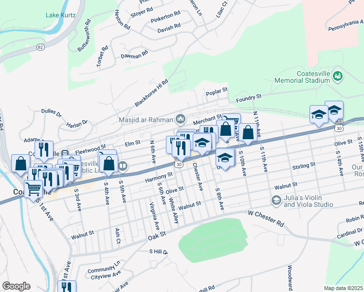map of restaurants, bars, coffee shops, grocery stores, and more near 708 East Chestnut Street in Coatesville