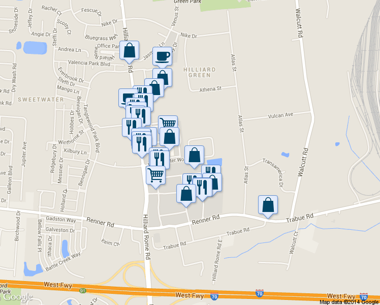 map of restaurants, bars, coffee shops, grocery stores, and more near 5190 Preferred Place in Hilliard