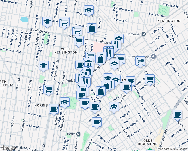 map of restaurants, bars, coffee shops, grocery stores, and more near 2449 Kensington Avenue in Philadelphia