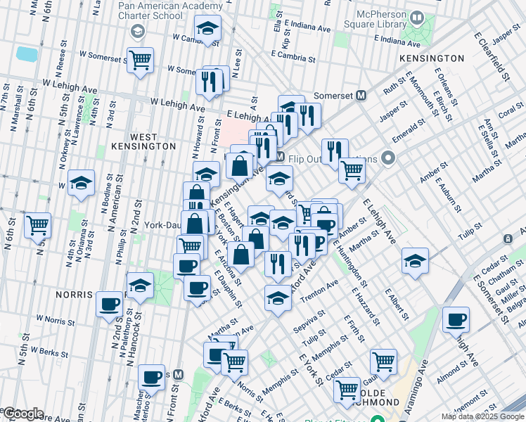 map of restaurants, bars, coffee shops, grocery stores, and more near 1828 East Cumberland Street in Philadelphia