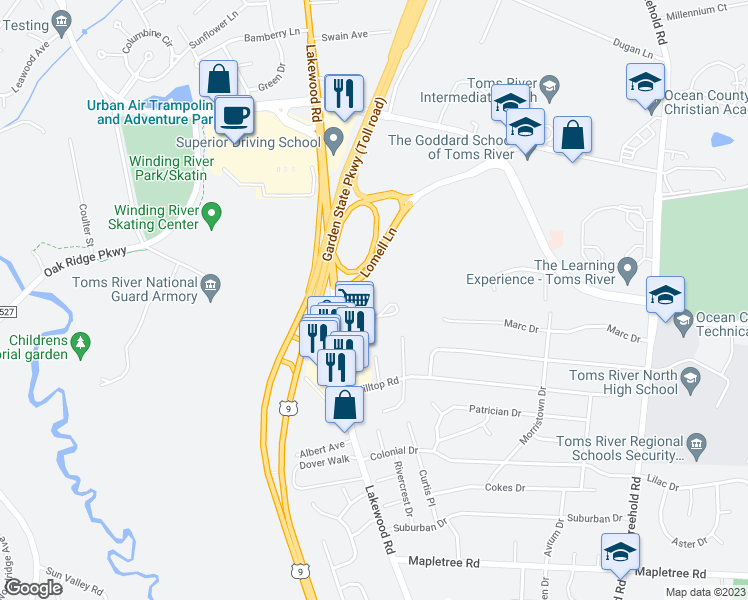 map of restaurants, bars, coffee shops, grocery stores, and more near 1255 Route 166 in Toms River