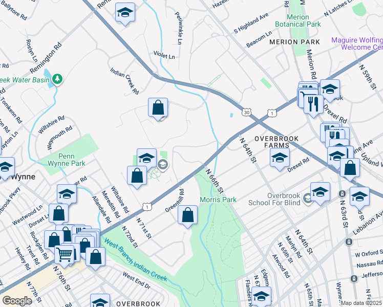 map of restaurants, bars, coffee shops, grocery stores, and more near 1001 City Avenue in Penn Wynne