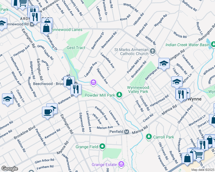 map of restaurants, bars, coffee shops, grocery stores, and more near 1310 Delmont Avenue in Havertown