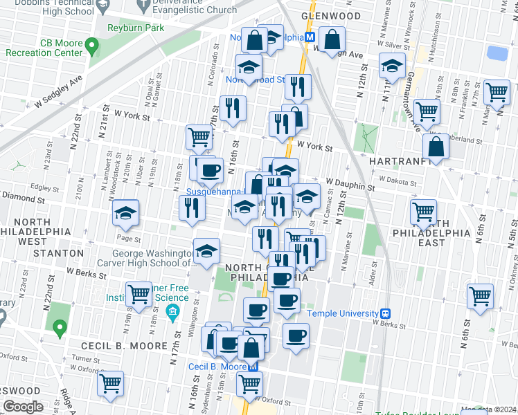 map of restaurants, bars, coffee shops, grocery stores, and more near 1428 West Susquehanna Avenue in Philadelphia