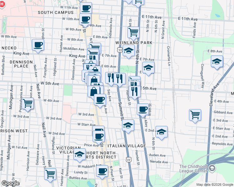 map of restaurants, bars, coffee shops, grocery stores, and more near 1153 Summit Street in Columbus