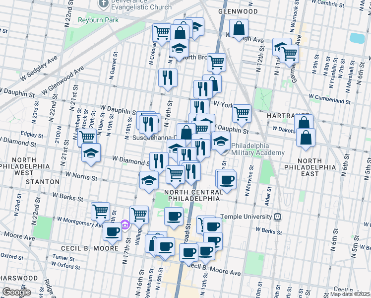 map of restaurants, bars, coffee shops, grocery stores, and more near 2221 North 15th Street in Philadelphia