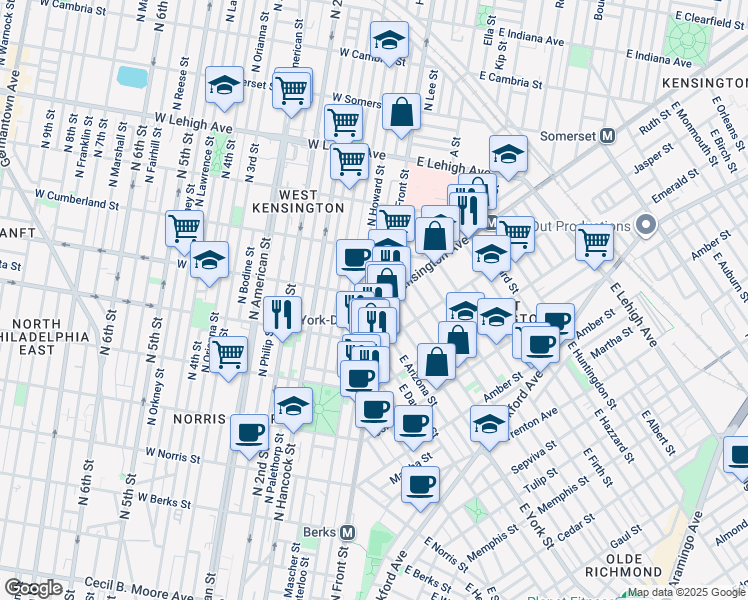 map of restaurants, bars, coffee shops, grocery stores, and more near 2365 North Hope Street in Philadelphia