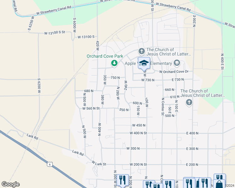 map of restaurants, bars, coffee shops, grocery stores, and more near 358 West 650 North Street in Santaquin