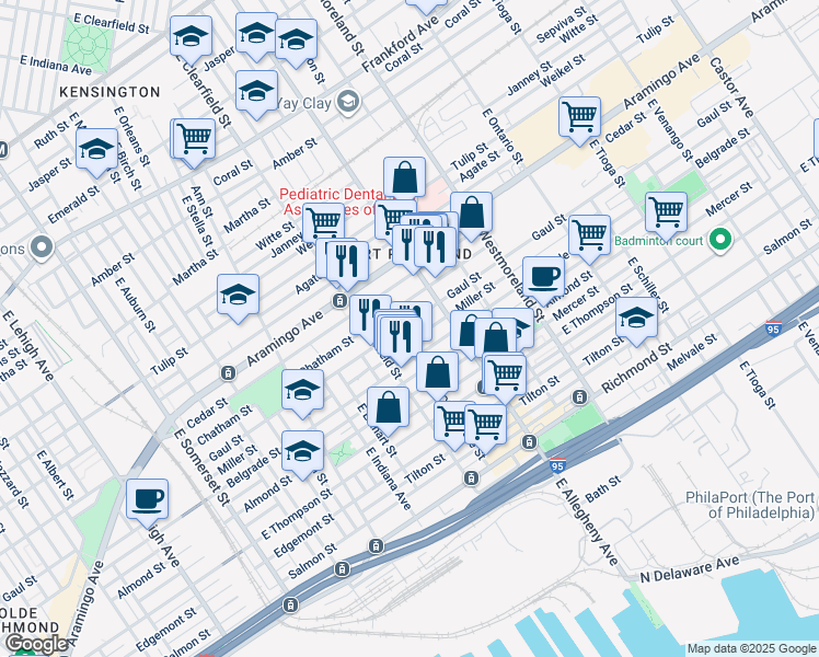 map of restaurants, bars, coffee shops, grocery stores, and more near 3147 Gaul Street in Philadelphia