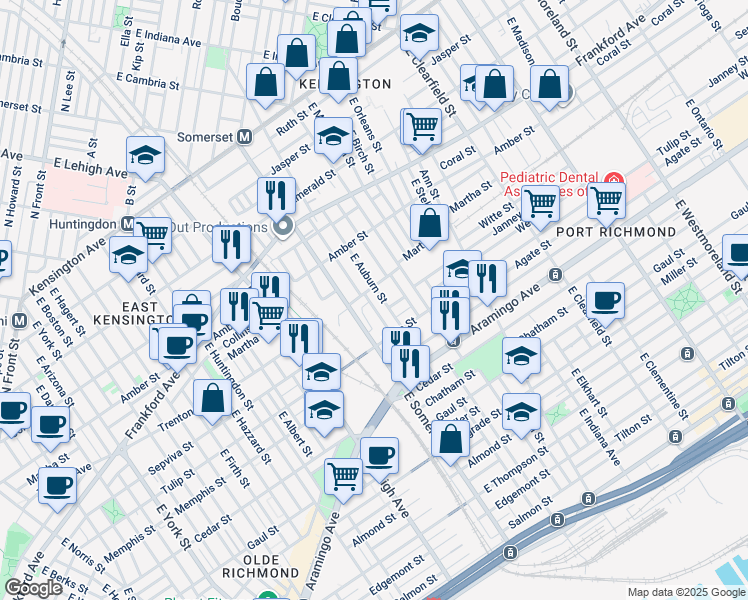 map of restaurants, bars, coffee shops, grocery stores, and more near 2223 East Rush Street in Philadelphia