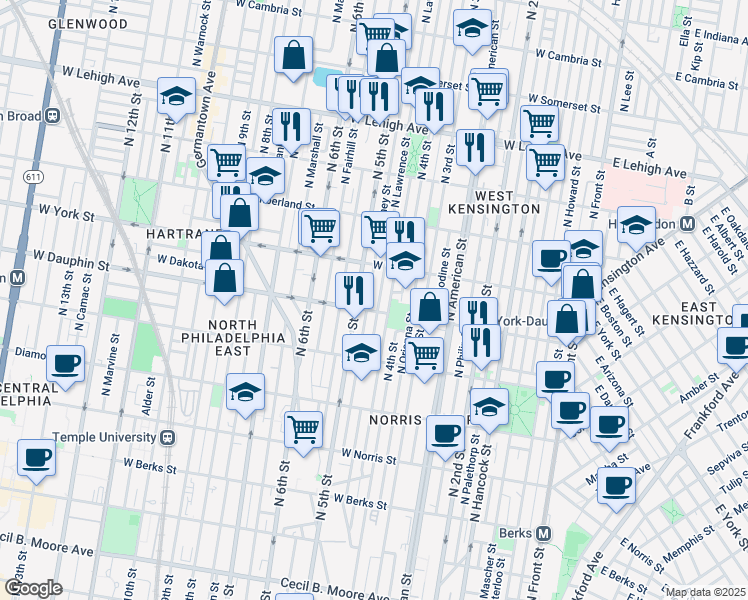 map of restaurants, bars, coffee shops, grocery stores, and more near 2322 North Orkney Street in Philadelphia